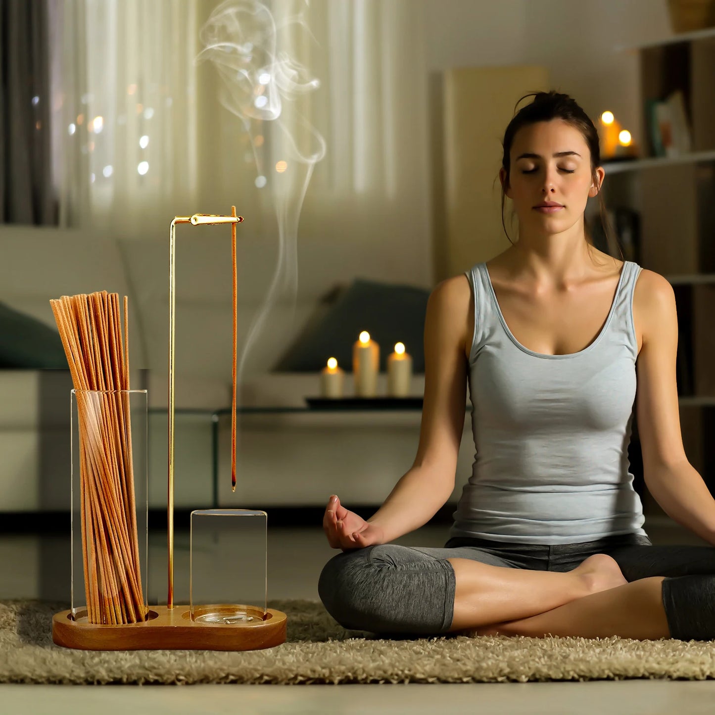 2-in-1 Incense Holder with Glass Ash Catcher & Stick Organizer – Wooden Base Anti-Ash Incense Burner for Meditation, Yoga & Home Décor