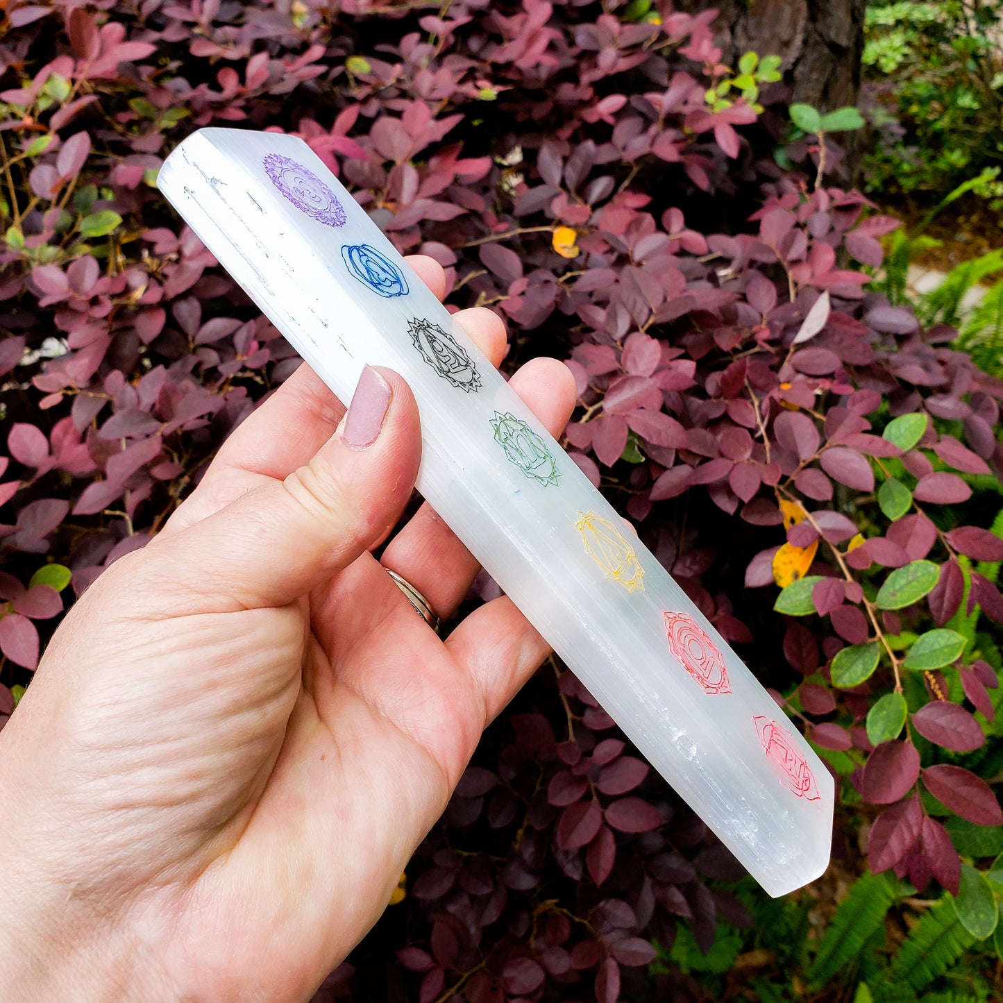 7 Chakras Color Laser Engraved Selenite Charging Bar | Crystal Cleansing & Chakra Healing Tool with Rainbow Engraved Symbols
