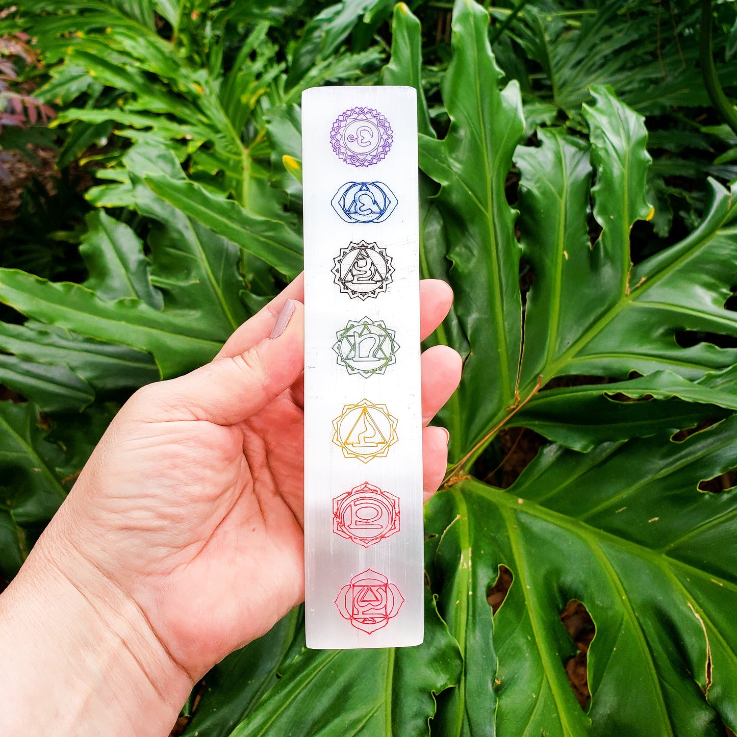7 Chakras Color Laser Engraved Selenite Charging Bar | Crystal Cleansing & Chakra Healing Tool with Rainbow Engraved Symbols