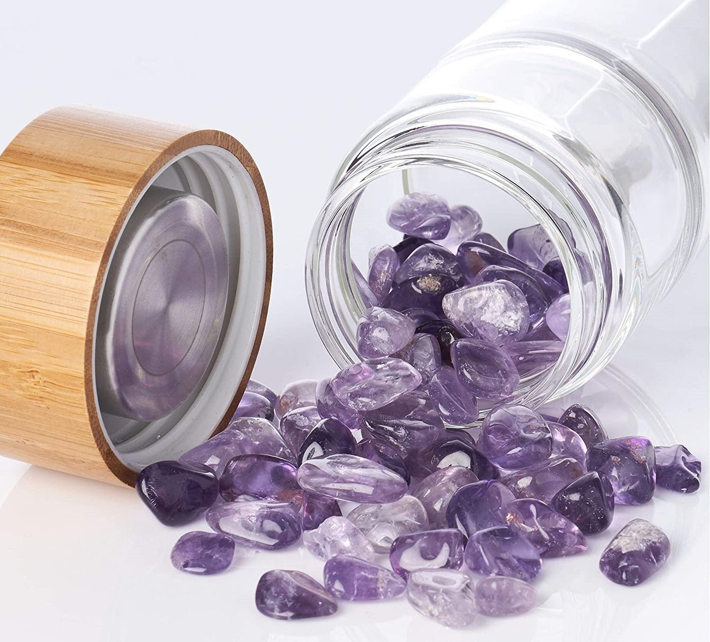 Amethyst Crystal Water Bottle with Bamboo Lid | Borosilicate Glass Elixir Bottle for Healing, Travel, Yoga, Meditation, Infusions & Daily Hydration