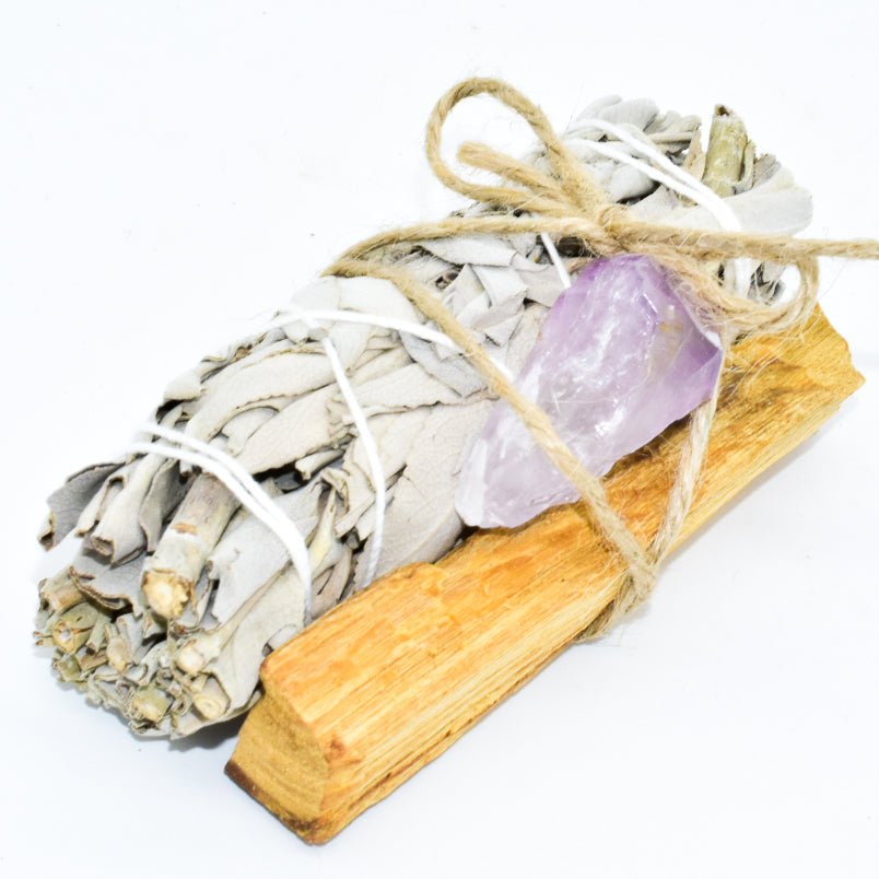 Palo Santo, Sage & Crystal Smudging Bundle – Energy Cleansing Kit with Choice of Tangerine Quartz or NEW Crystal