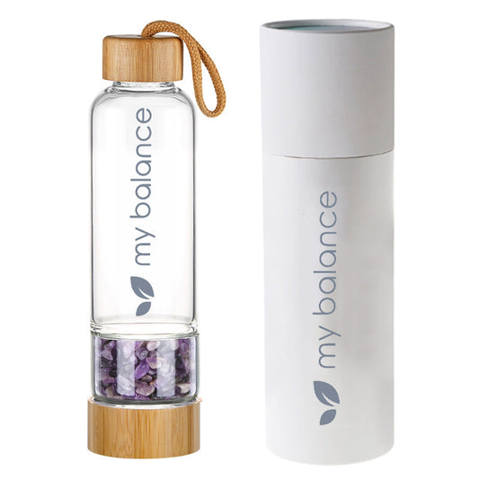 Amethyst Crystal Water Bottle with Bamboo Lid | Borosilicate Glass Elixir Bottle for Healing, Travel, Yoga, Meditation, Infusions & Daily Hydration