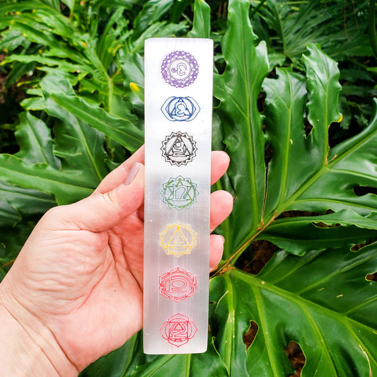 7 Chakras Color Laser Engraved Selenite Charging Bar | Crystal Cleansing & Chakra Healing Tool with Rainbow Engraved Symbols