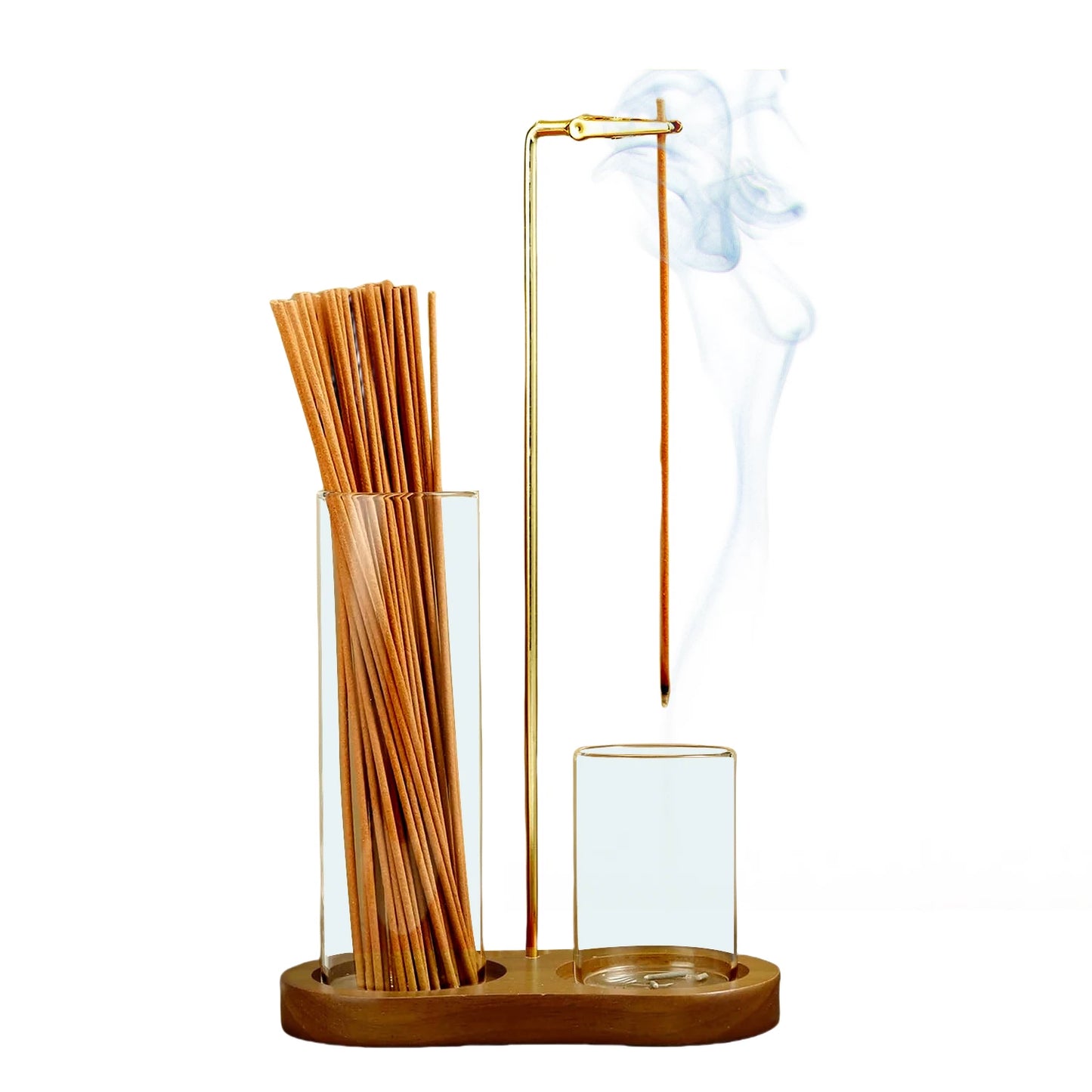 2-in-1 Incense Holder with Glass Ash Catcher & Stick Organizer – Wooden Base Anti-Ash Incense Burner for Meditation, Yoga & Home Décor