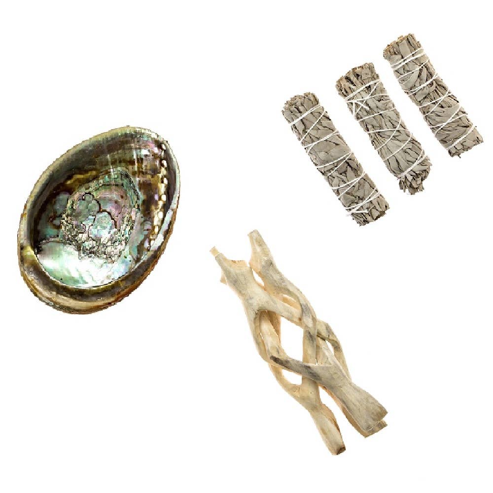 Abalone Shell Smudging Kit – 4"-5" Shell with Wooden Stand & White Sage Bundle
