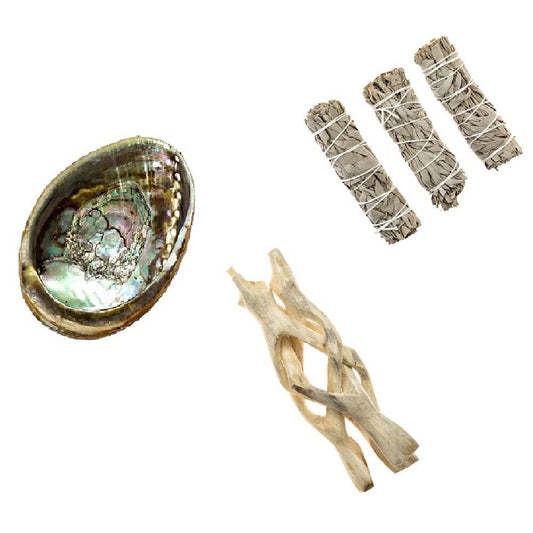 Abalone Shell Smudging Kit – 4"-5" Shell with Wooden Stand & White Sage Bundle