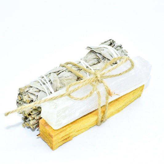 Palo Santo, Sage & Crystal Smudging Bundle – Energy Cleansing Kit with Choice of Tangerine Quartz or NEW Crystal