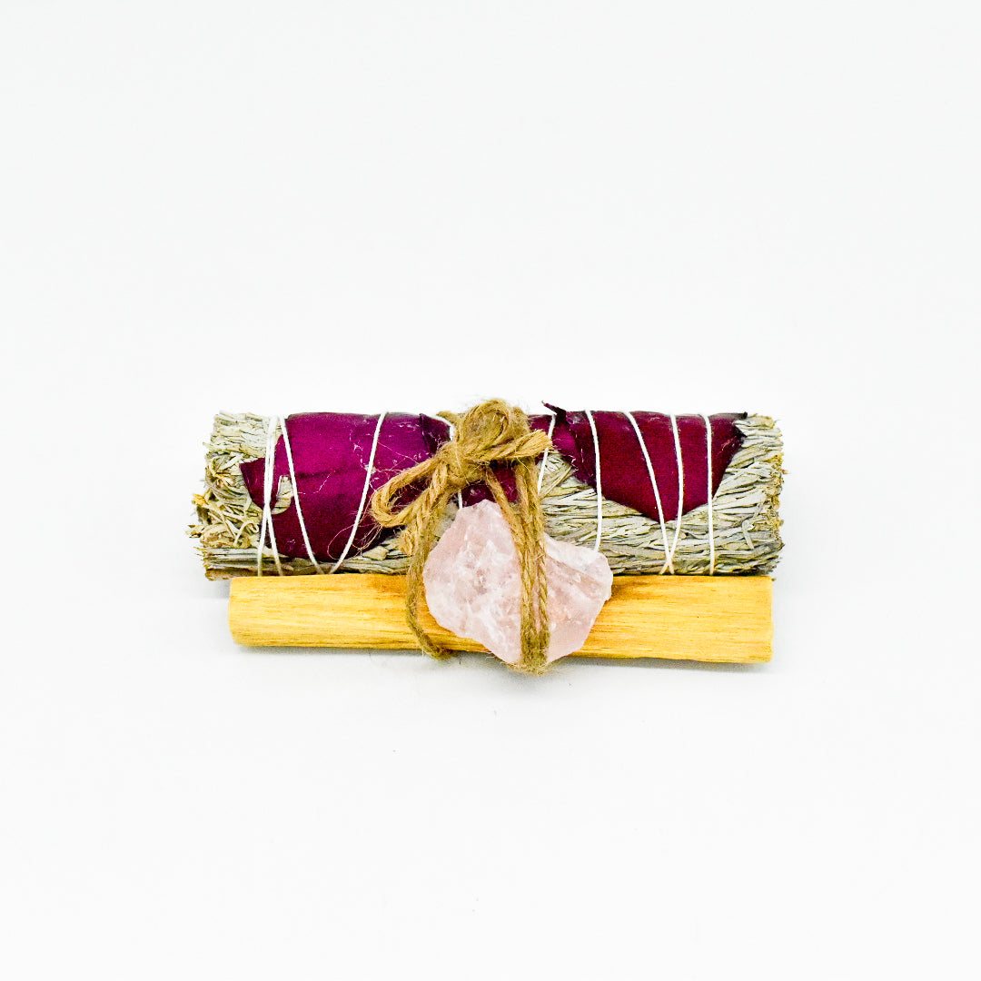 Sage Bundle for Love & Friendship | White Sage, Palo Santo, Red Rose Petals & Rose Quartz Crystal for Energy Cleansing & Relationship Healing