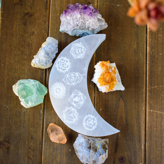 7 Chakras Engraved Crescent Moon Selenite Charging Plate | Hand Carved Crystal Cleansing & Chakra Healing Tool