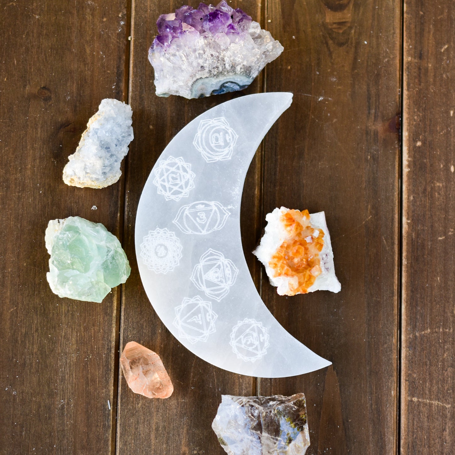 7 Chakras Engraved Crescent Moon Selenite Charging Plate | Hand Carved Crystal Cleansing & Chakra Healing Tool