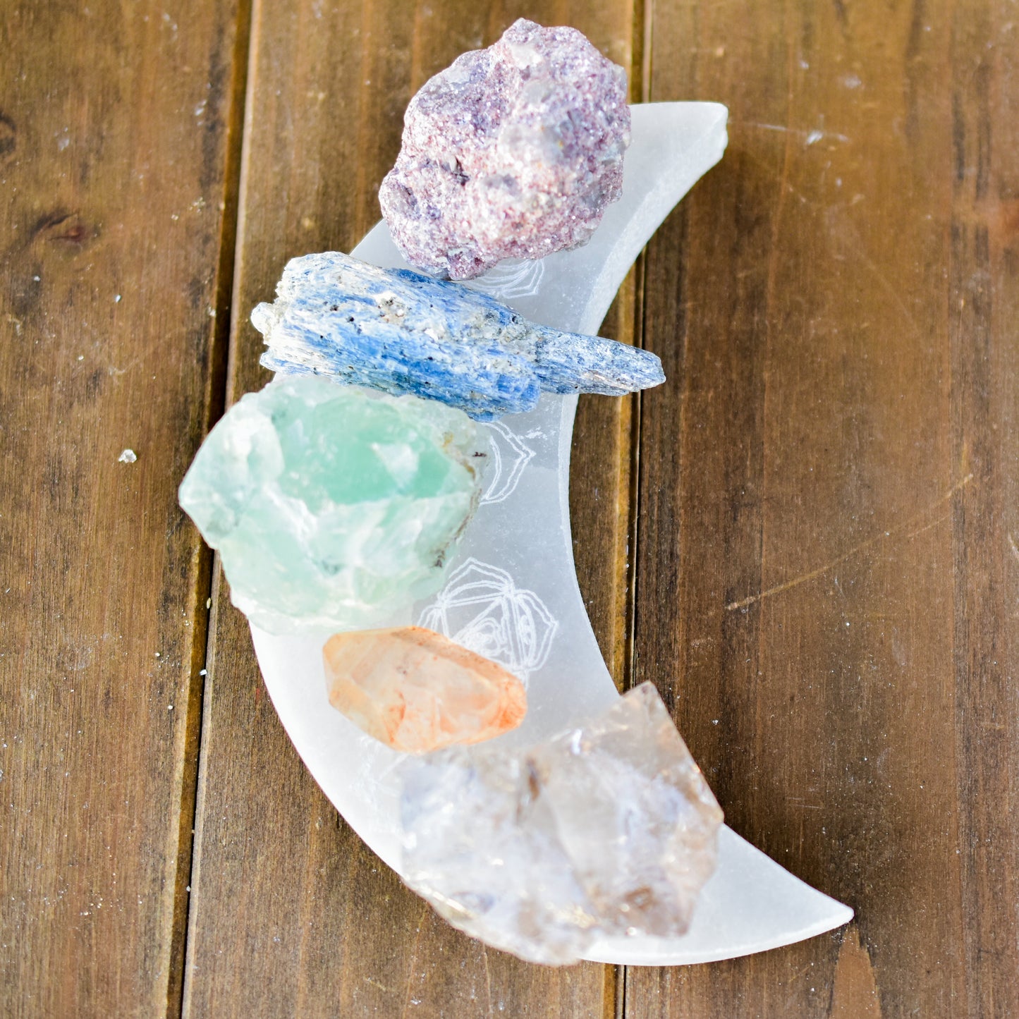 7 Chakras Engraved Crescent Moon Selenite Charging Plate | Hand Carved Crystal Cleansing & Chakra Healing Tool