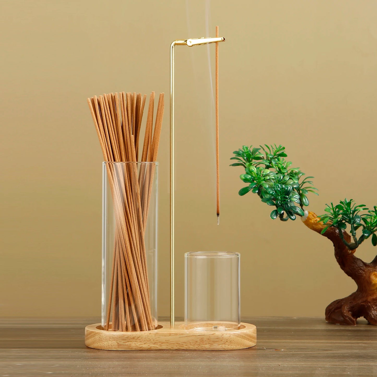 2-in-1 Incense Holder with Glass Ash Catcher & Stick Organizer – Wooden Base Anti-Ash Incense Burner for Meditation, Yoga & Home Décor