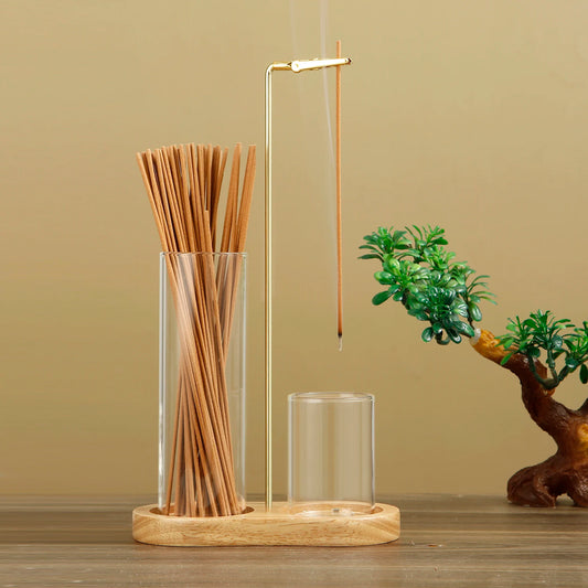 2-in-1 Incense Holder with Glass Ash Catcher & Stick Organizer – Wooden Base Anti-Ash Incense Burner for Meditation, Yoga & Home Décor