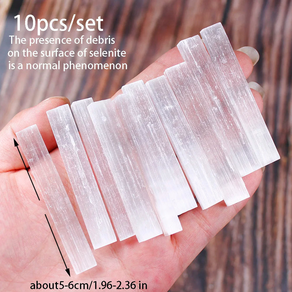 10pc Natural Moroccan Selenite Bar Set – Crystal Plate & White Quartz Healing Mineral for Energy Cleansing & Meditation